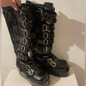 Y2K, Demonia dark Burgundy Patent Platform Knee-High Boots, women Size 8